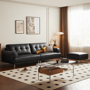 Linspire Vertex 4-Seater Leather Sofa with Ottoman, Black, 266x167x85cm