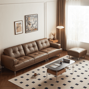 Linspire Vertex 4-Seater Genuine Leather Sofa with Ottoman, Brown, 301x167x85cm