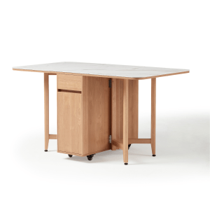 Linspire Yumi Sintered Stone Table Top Foldable Dining Table with Castors, Natural and Faux White Marble