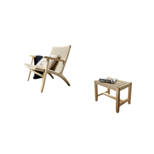 BohoBoho Verus Solid Wood & Rattan Lounge Chair with Foot Stool, Natural