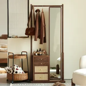 Solidwood Calamo Clothes Rack with Mirror and Drawer Unit, Walnut