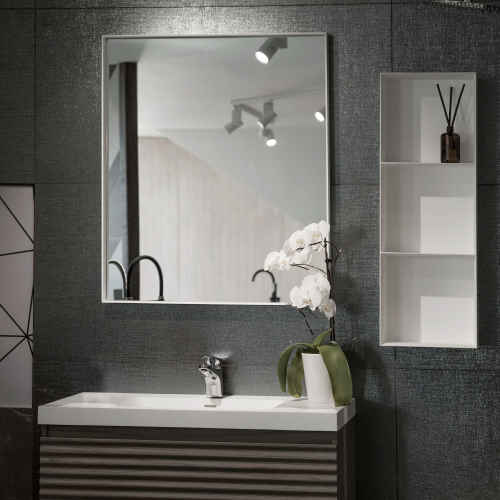 Aruvo Cstone Rectangle Composite Stone Bathroom Mirror White 900mm