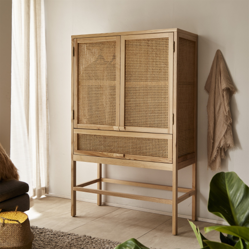 BohoBoho Costa Solid Wood & Rattan Wardrobe, Natural, 110x50x175cm