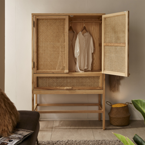 BohoBoho Costa Solid Wood & Rattan Wardrobe, Natural, 110x50x175cm