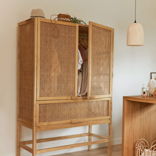 BohoBoho Costa Solid Wood & Rattan Wardrobe, Natural, 110x50x175cm