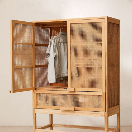 BohoBoho Costa Solid Wood & Rattan Wardrobe, Natural, 110x50x175cm