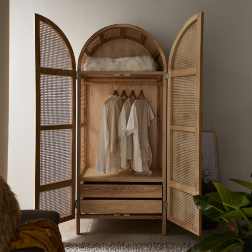 BohoBoho Costa Solid Wood & Rattan Wardrobe, Natural, 85x55x200cm