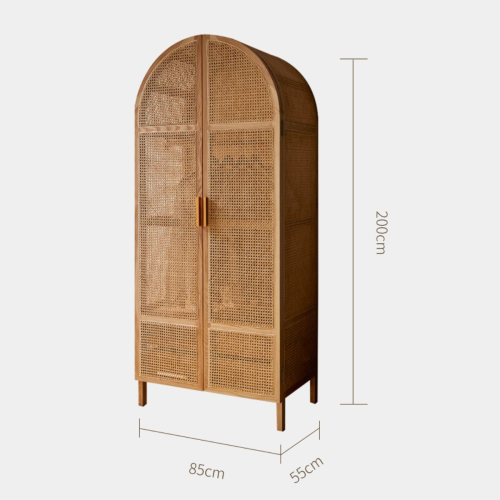 BohoBoho Costa Solid Wood & Rattan Wardrobe, Natural, 85x55x200cm