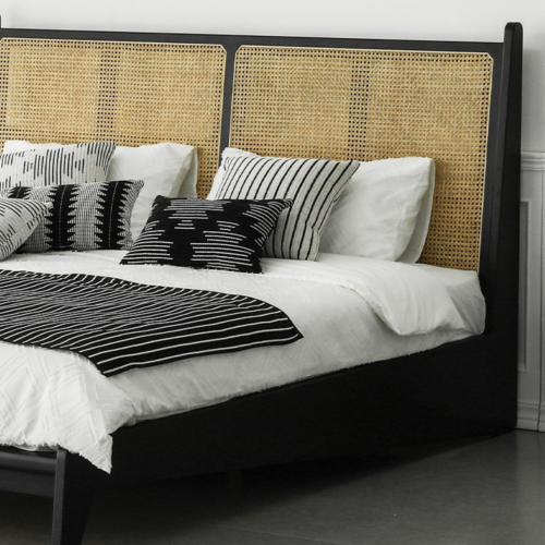 BohoBoho Noir Solid Wood & Rattan Small Queen Bed Frame