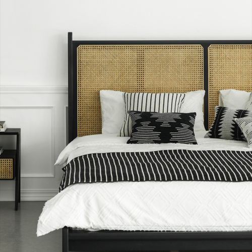 BohoBoho Noir Solid Wood & Rattan Bed Frame, Black, Queen, 158x227x115.5cm