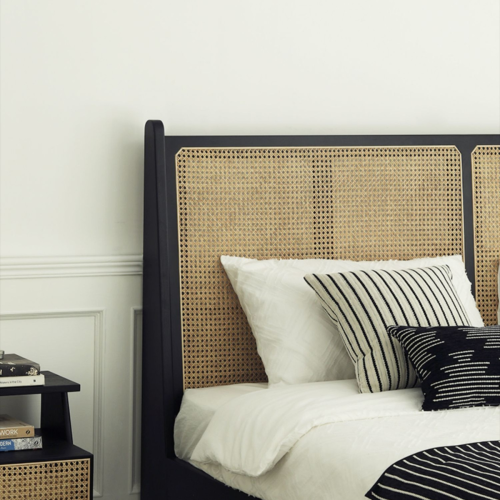 BohoBoho Noir Solid Wood & Rattan Bed Frame, Black, Queen