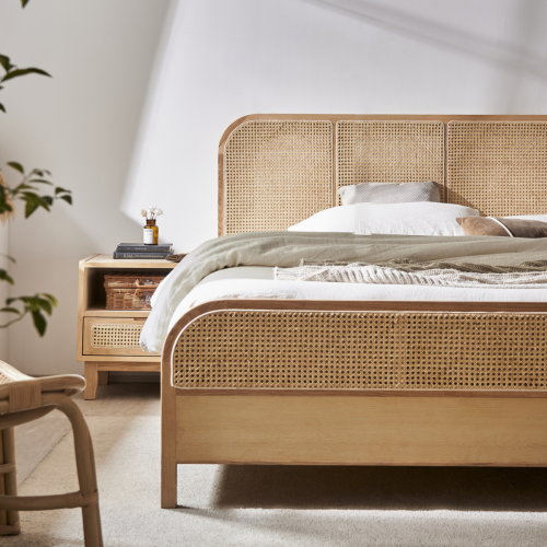 BohoBoho Costa Solid Wood & Rattan Bed Frame with Footboard, Super King