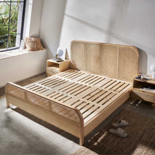 BohoBoho Costa Solid Wood & Rattan Bed Frame with Footboard, Super King