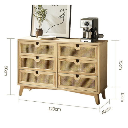 BohoBoho Ora Solid Wood & Rattan Chest of 6 drawers, Natural, 120x40x90cm