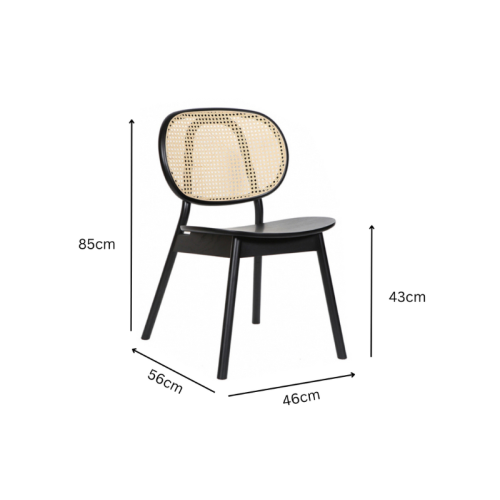 BohoBoho Costa Solid Wood & Rattan Dining Chair, Black, 46x56x85cm, Set of 2