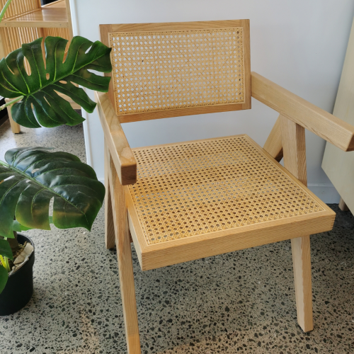 BohoBoho Rota Solid Wood & Rattan Dining Chair with Armrest, Oak