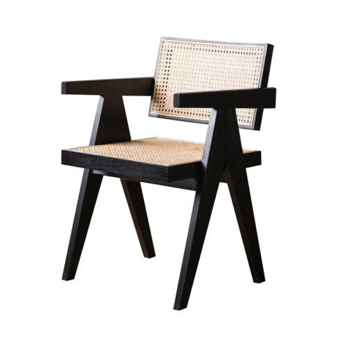 BohoBoho Rota Solid Wood & Rattan Dining Chair with Armrest, Black