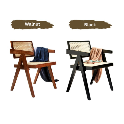 BohoBoho Rota Solid Wood & Rattan Dining Chair with Armrest, Black