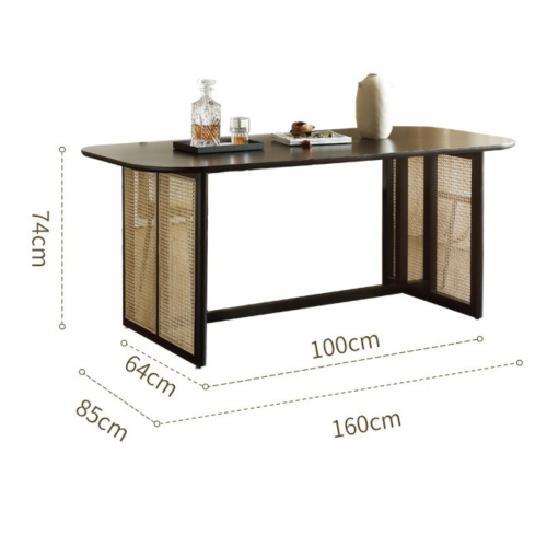 BohoBoho Monte Solid Wood & Rattan Dining Table, Black, 160x85x74cm