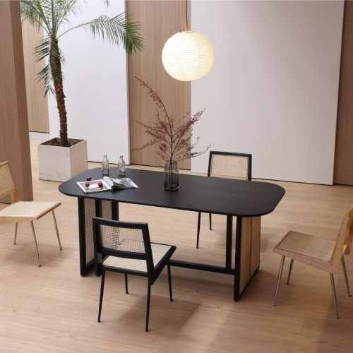 BohoBoho Monte Solid Wood & Rattan Dining Table, Black, 180x85x74cm