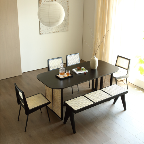 BohoBoho Monte Solid Wood & Rattan Bench, Black