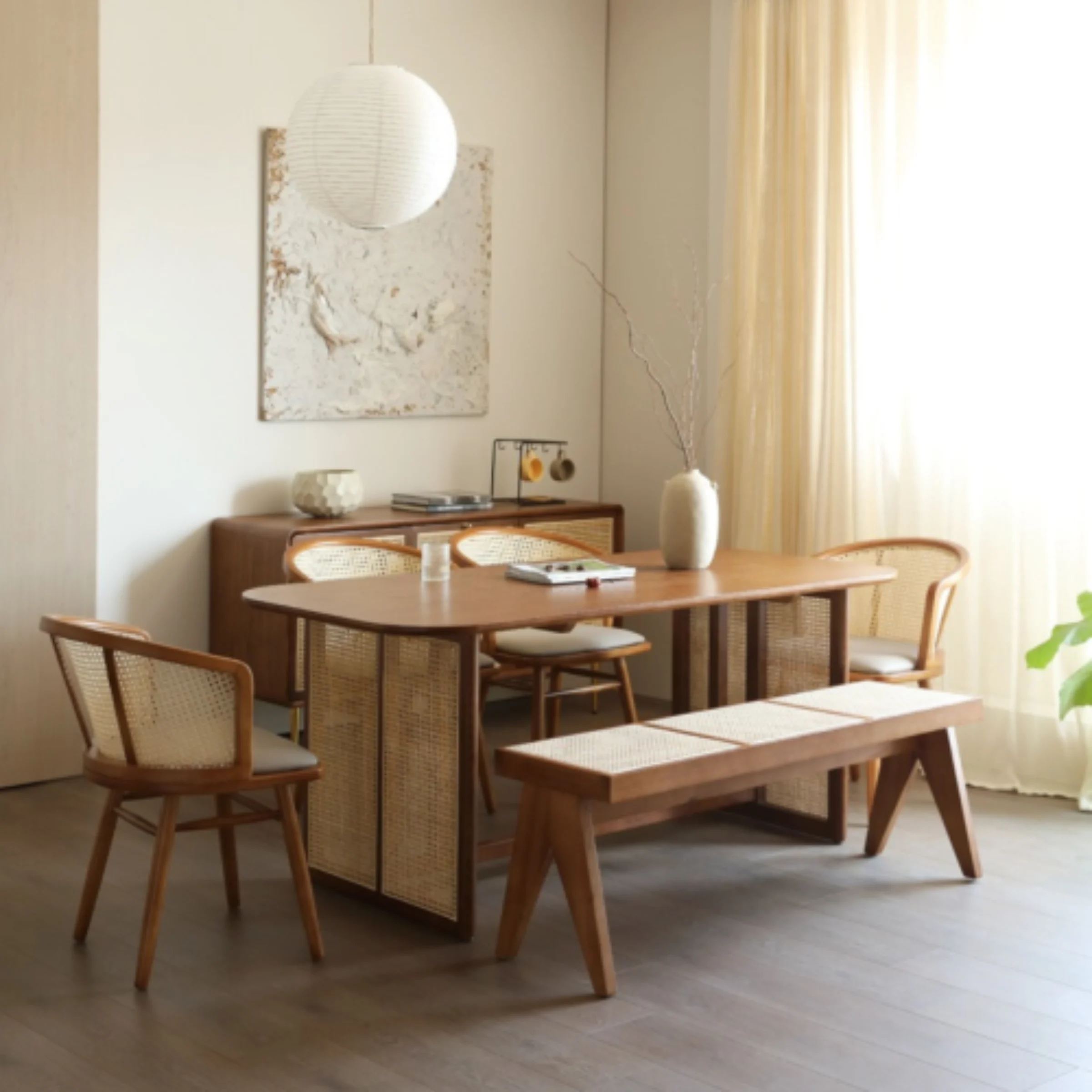 BohoBoho Monte Solid Wood & Rattan Bench, Walnut