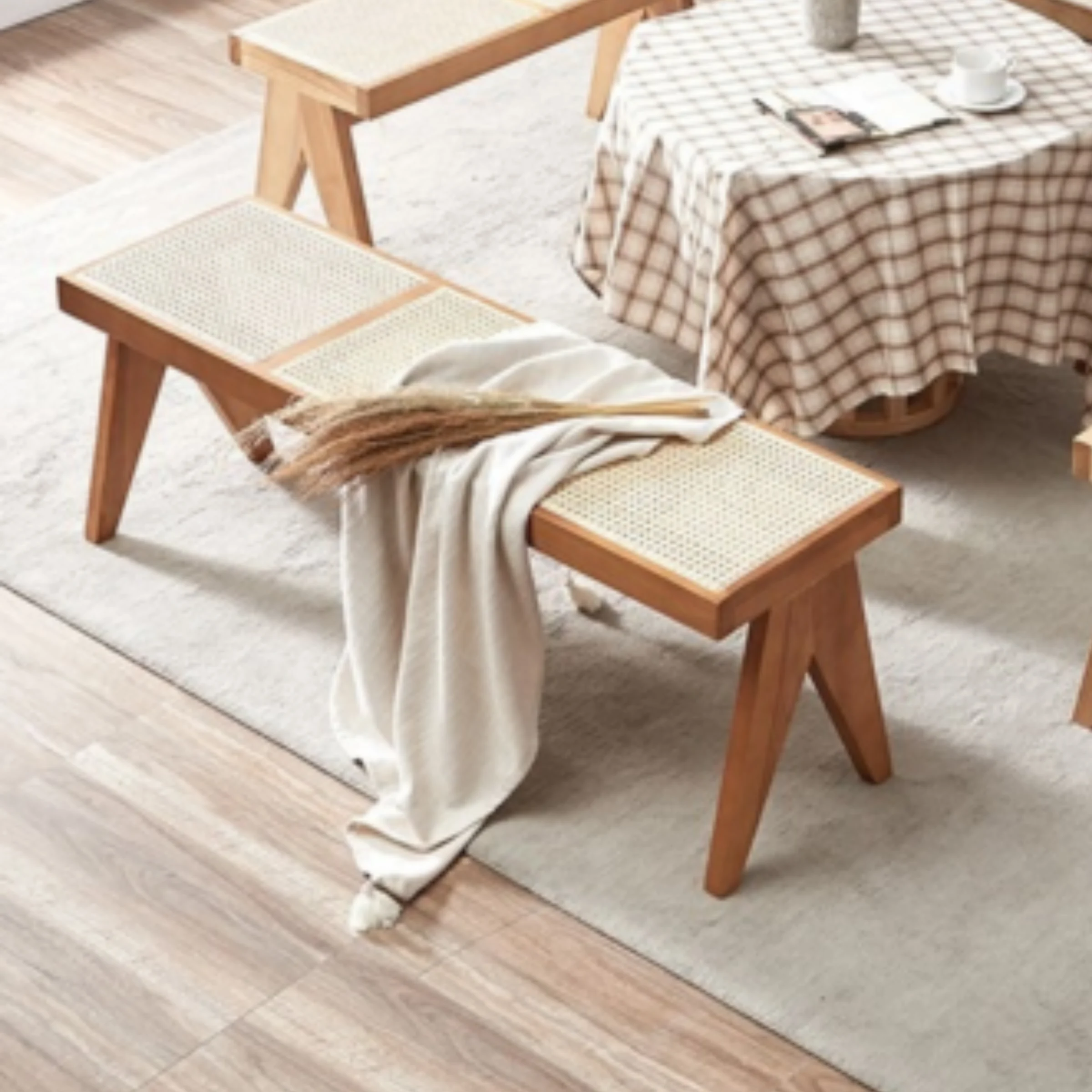BohoBoho Monte Solid Wood & Rattan Bench, Walnut