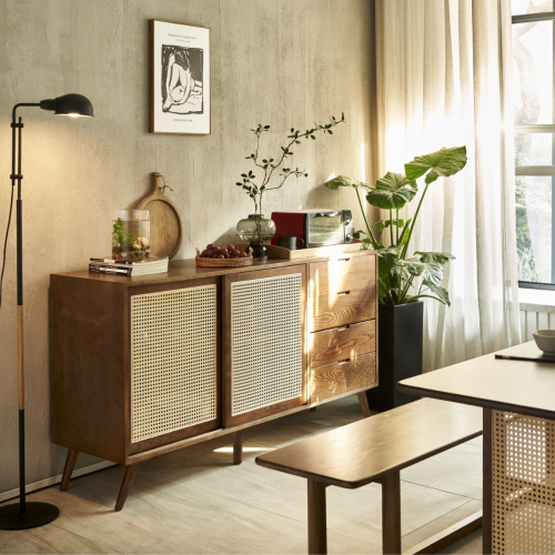 BohoBoho Laxo Solid Wood & Rattan Sideboard, Walnut, 160x45x85cm