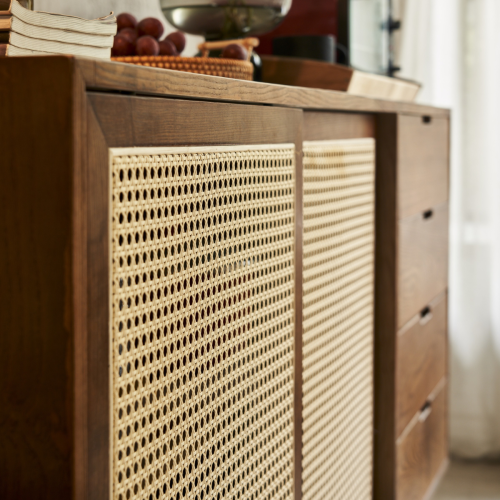 BohoBoho Laxo Solid Wood & Rattan Sideboard, Walnut, 160x45x85cm