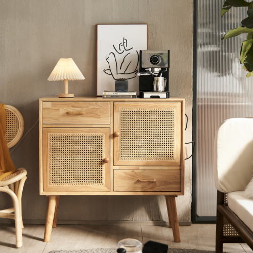 BohoBoho Laxo Solid Wood & Rattan Sideboard, Natural, 90x40x98cm