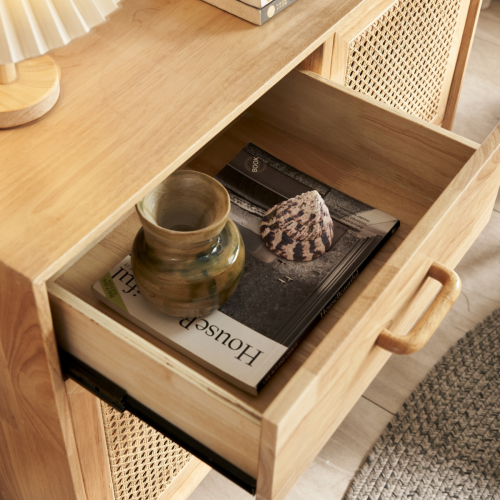 BohoBoho Laxo Solid Wood & Rattan Sideboard, Natural, 90x40x98cm