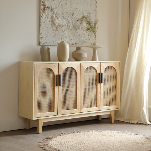 BohoBoho Costa Solid Wood & Rattan 4 Door Arch Sideboard, Natural, 150x35x90cm