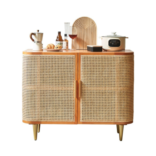 BohoBoho Luna Solid Wood & Rattan Curved Sideboard, Walnut, 100x42.5x85cm