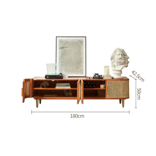 BohoBoho Luna Solid Wood & Rattan Curved TV Cabinet, Walnut, 180x42.5x50cm