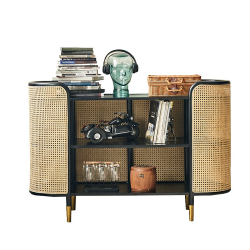 BohoBoho Luna Solid Wood & Rattan Sideboard, Black, 136x43x91cm