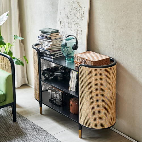 BohoBoho Luna Solid Wood & Rattan Sideboard, Black, 136x43x91cm