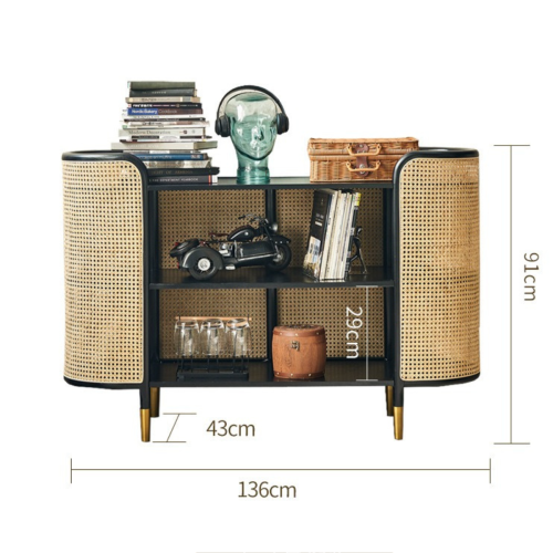 BohoBoho Luna Solid Wood & Rattan Sideboard, Black, 136x43x91cm