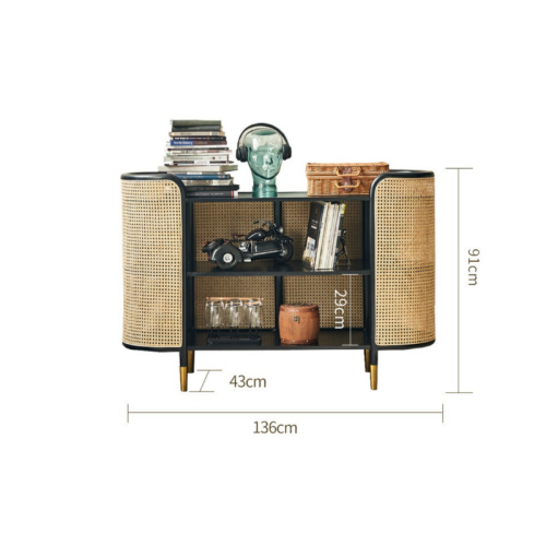 BohoBoho Luna Solid Wood & Rattan Sideboard, Black, 136x43x91cm