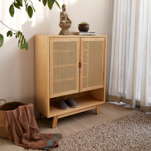 BohoBoho Costa Solid Wood & Rattan Shoe Cabinet, Natural, 90x36x110cm