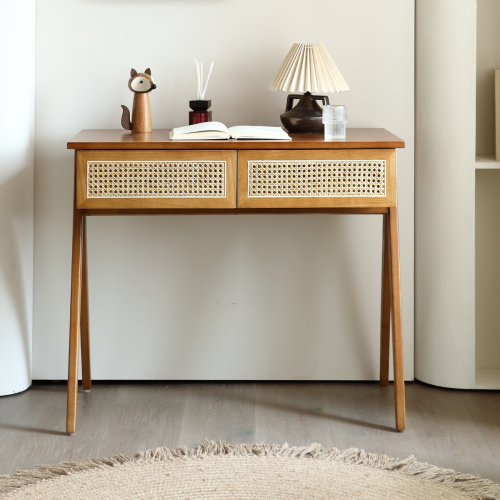 BohoBoho Noir Solid Wood & Rattan Desk, Walnut, 90x50x77cm