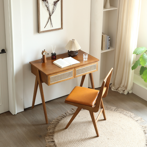 BohoBoho Noir Solid Wood & Rattan Desk, Walnut, 90x50x77cm