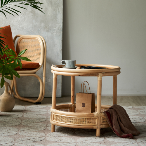 BohoBoho Ortu Solid Wood & Rattan Side Table, Natural, 55x51cm