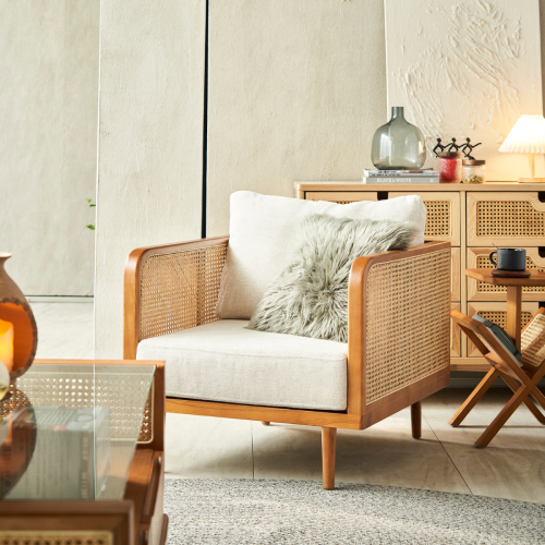 BohoBoho Verus Solid Wood & Rattan 1-Seater Sofa, Light Walnut