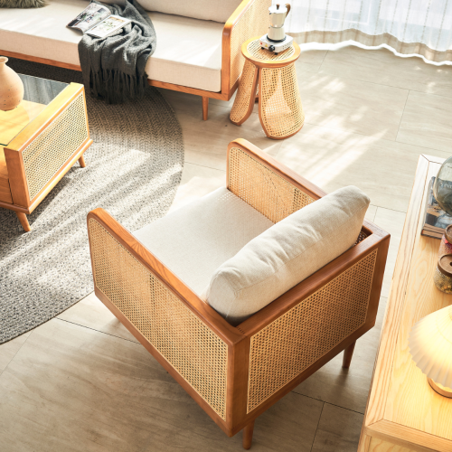 BohoBoho Verus Solid Wood & Rattan 1-Seater Sofa, Light Walnut