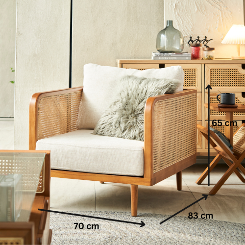 BohoBoho Verus Solid Wood & Rattan 1-Seater Sofa, Light Walnut, 70x83x65cm