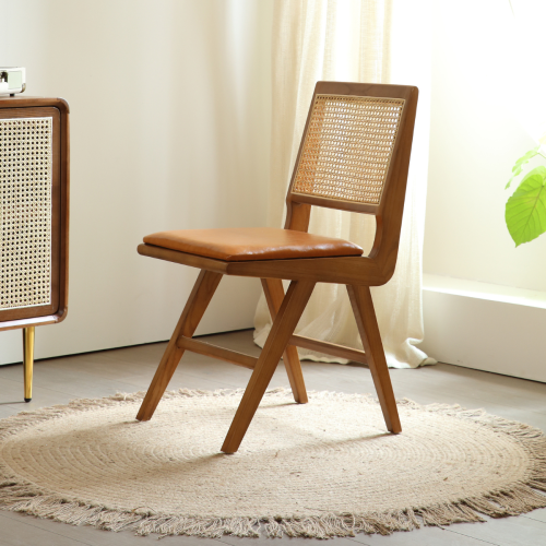 BohoBoho Noir Solid Wood & Rattan Desk with Chair, Walnut