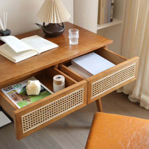 BohoBoho Noir Solid Wood & Rattan Desk with Chair, Walnut