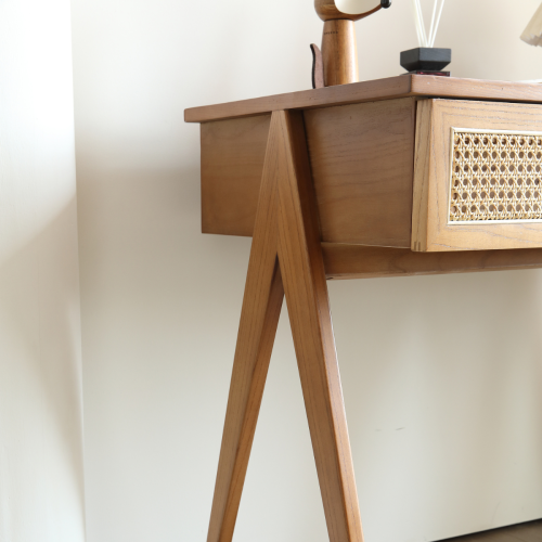 BohoBoho Noir Solid Wood & Rattan Desk with Chair, Walnut