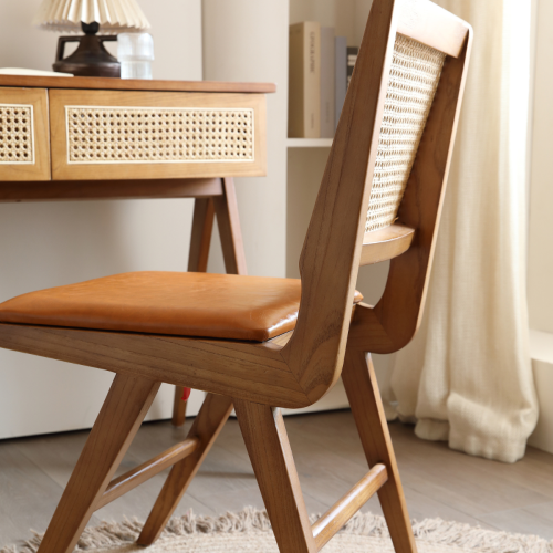 BohoBoho Noir Solid Wood & Rattan Desk with Chair, Walnut