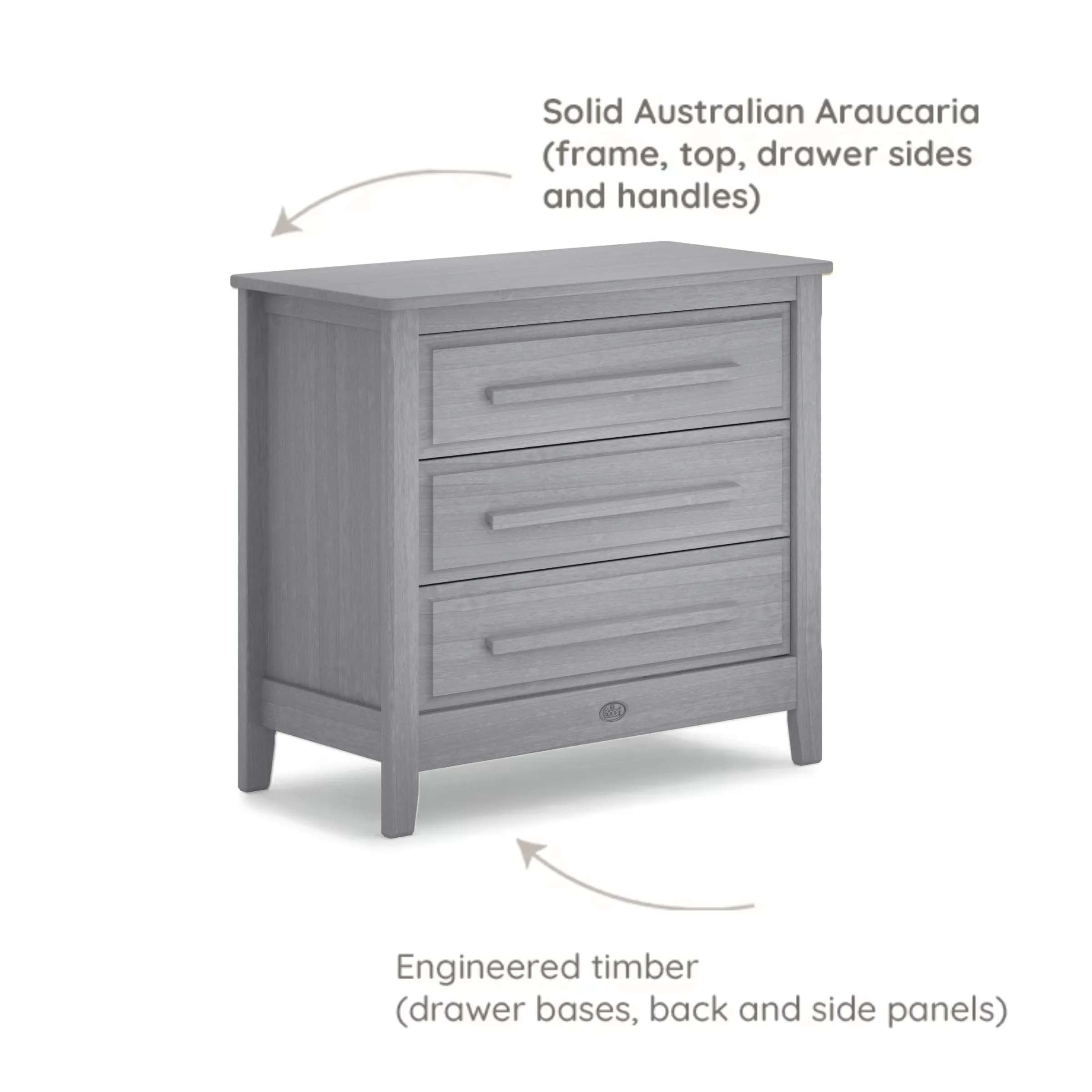 Boori Linear Kids 3 Drawer Chest Smart Assembly, Almond